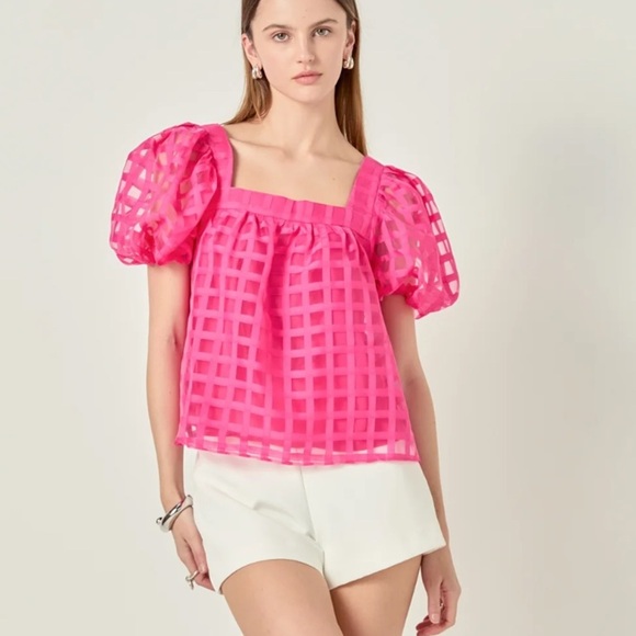 English Factory Hot Pink Organza Gridded Square Neck Puff Sleeve Blouse NWT - Picture 1 of 5